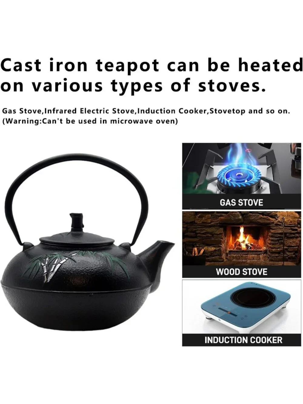 Black Cast Iron Kitchen Japanese Tea Pot 84.6oz 2500ml Stovetop Bamboo Infuser